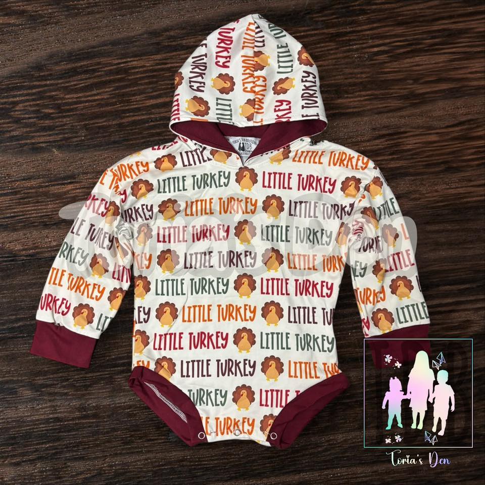 3-6m, 6-12,, 12-18m, 2T, 3T (2), 4T Little Turkey Hooded Romper with Snaps *CLOSEOUT SALE* TDB Exclusive