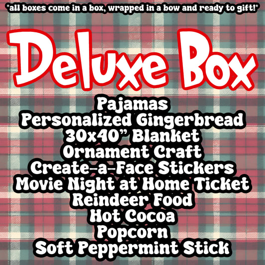Deluxe Christmas Eve Box (30x40" Blanket/Personalized Gingerbread Plush/Pajamas/Reindeer Food/Cocoa/Popcorn/Sticker Sheet/Soft Peppermint Sticks)