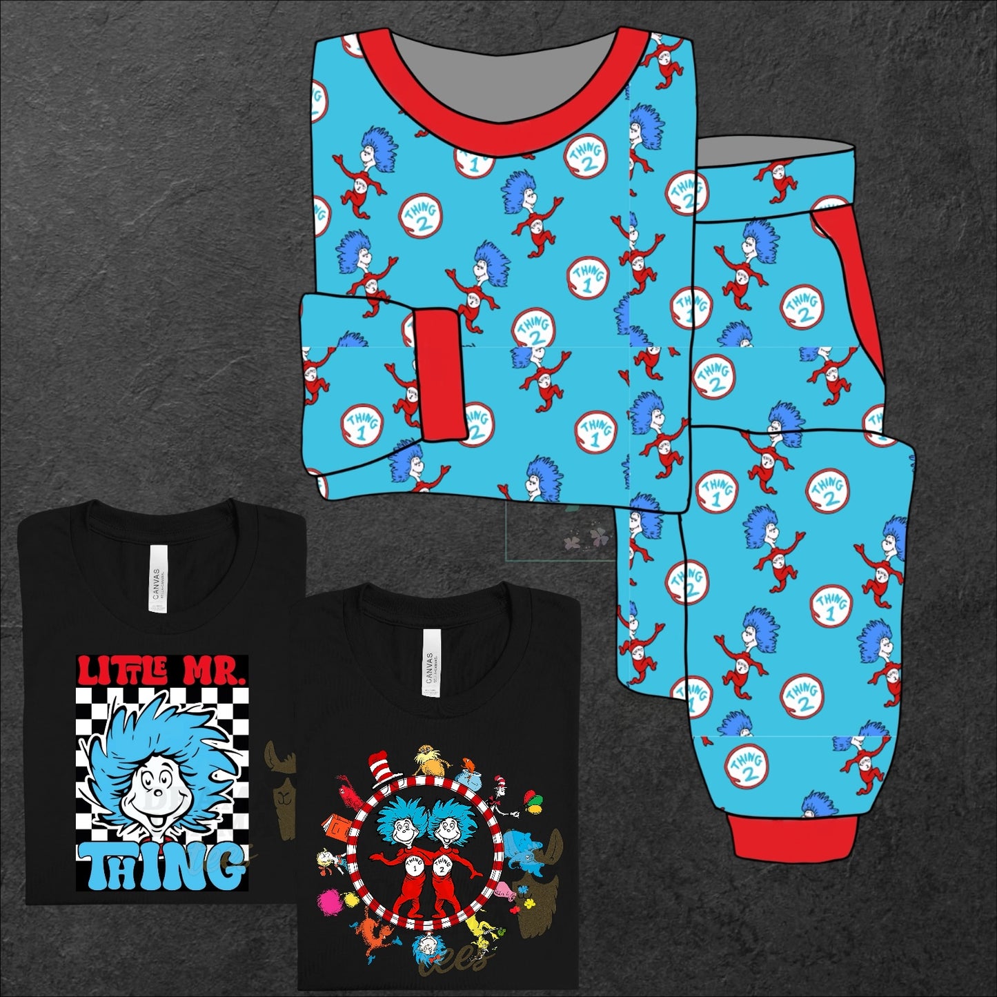 Thing 1 and 2 Unisex Lounge + Matching Sort Sleeve Tees ~ Reading Release: TDB Exclusives and Drama Llama Tees