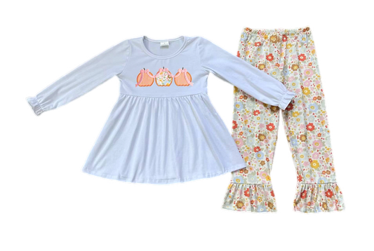 Embroidered Pumpkins Floral Ruffle Pants Set: Pre-Order