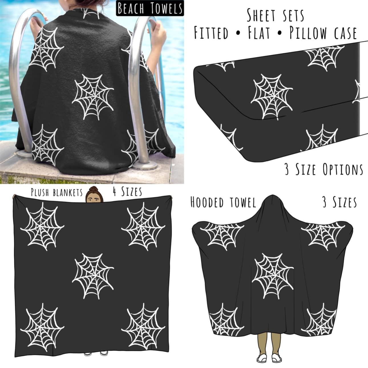 Webs on Black Personalized Items ~ Sheets, Pillowcases, Blankets, Towels ~