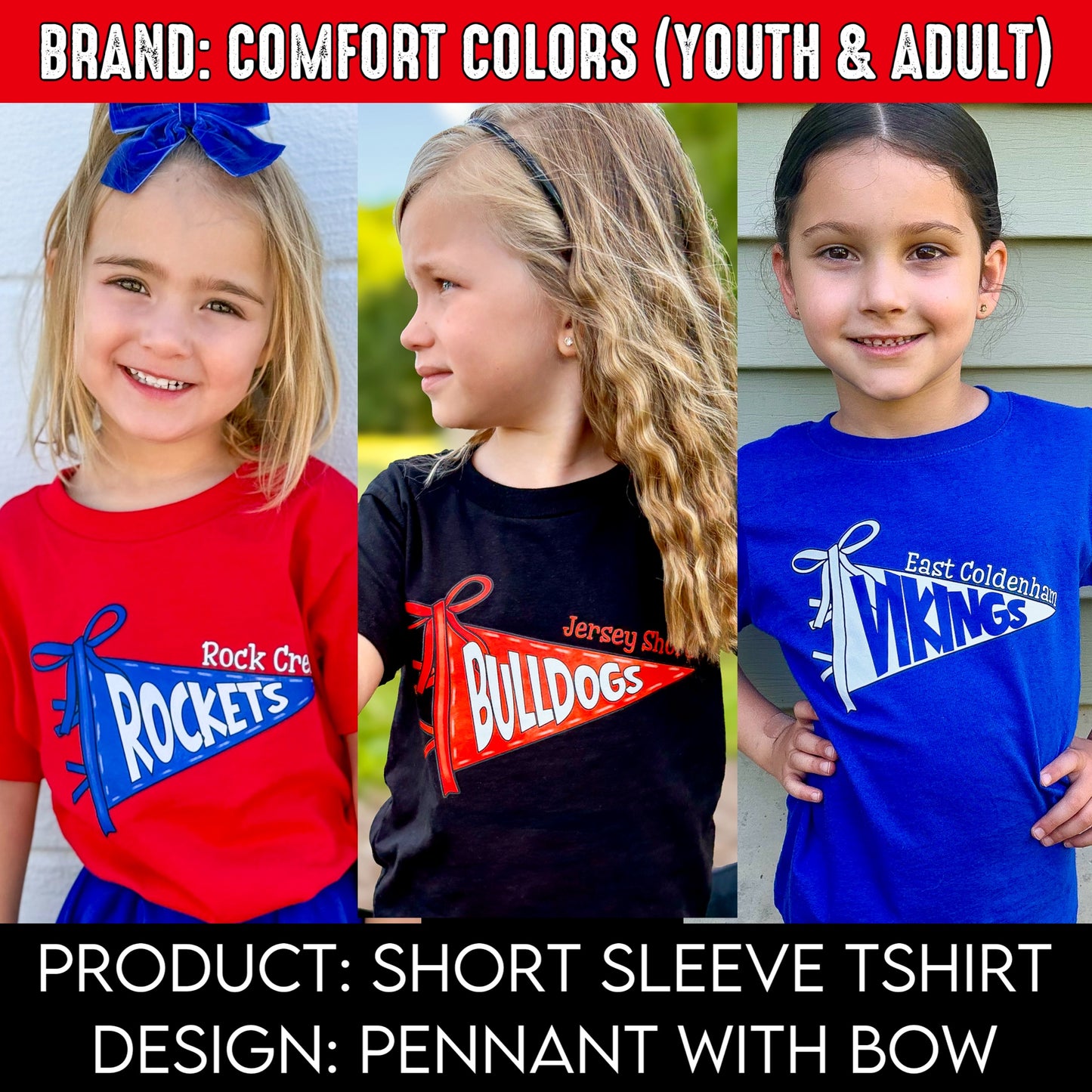 Pennant With Bow | Brand: Comfort Colors | Put team name/info & SIZE in note box!! | Youth & Adult Sizes