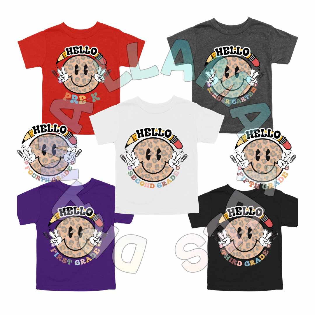 Hello Grade Smiley Tees *multiple color options* (Pre-K to 5th)