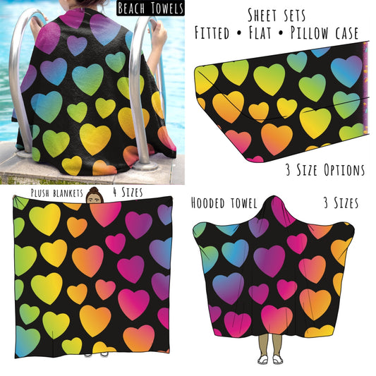 Rainbow Hearts on Black Personalized Items ~ Sheets, Pillowcases, Blankets, Towels ~