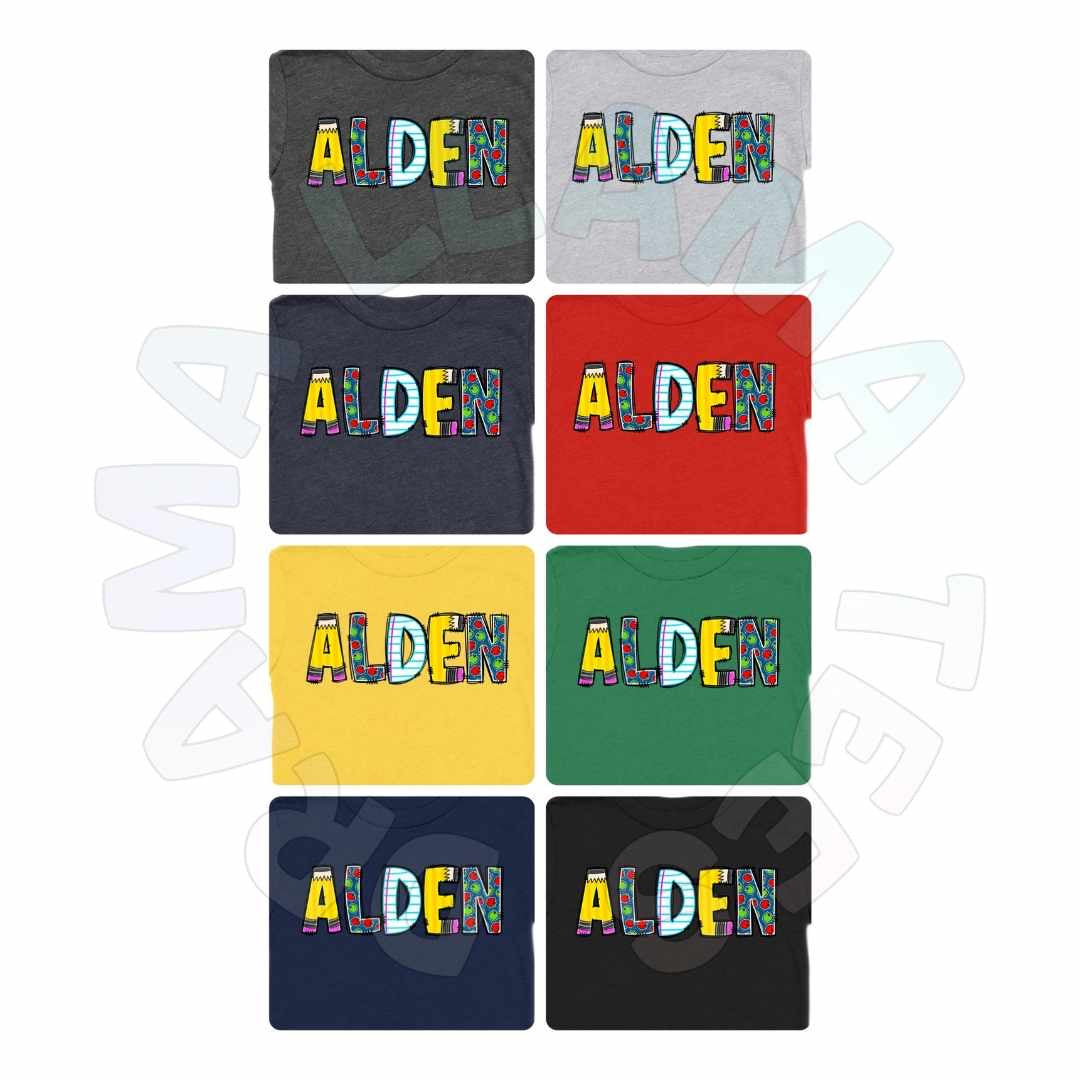 Back to School Mixed Letter Name Tees BLUE Apples/Pencil/Paper *multiple color options*