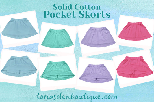 Solid Cotton Pocket Skorts | Bundle Available | (size up one for sizes over 5-6)