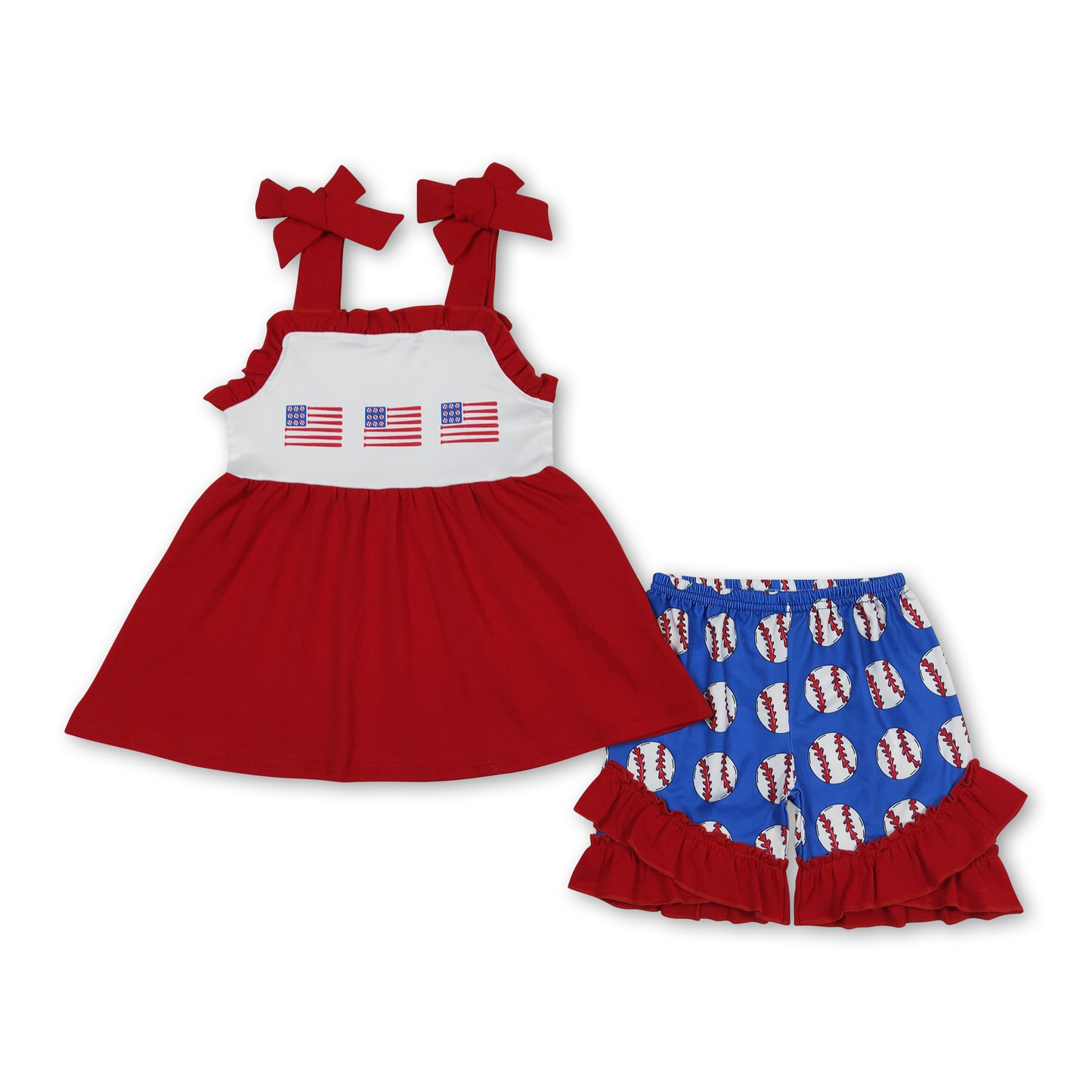 ᴡᴇᴇᴋʟʏ ᴘʀᴇ ᴏʀᴅᴇʀ 4th of July Embroidered Flag and Baseball Ruffle Shorts Set