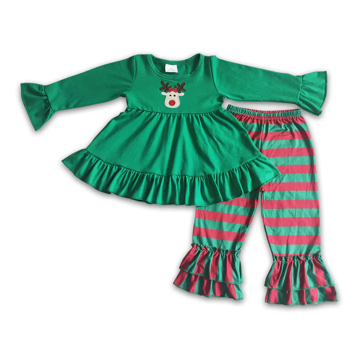 ᴡᴇᴇᴋʟʏ ᴘʀᴇ ᴏʀᴅᴇʀ Christmas Embroidered Reindeer Stripes Tunic Ruffle Set