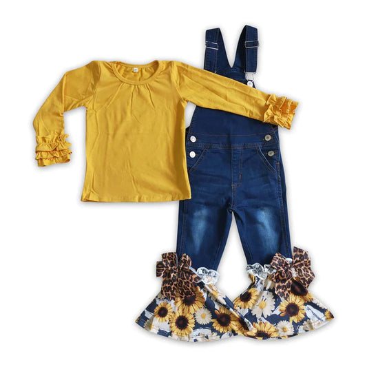 ᴡᴇᴇᴋʟʏ ᴘʀᴇ ᴏʀᴅᴇʀ Sunflowers and Leopard Print Denim Overall 2 Piece Set