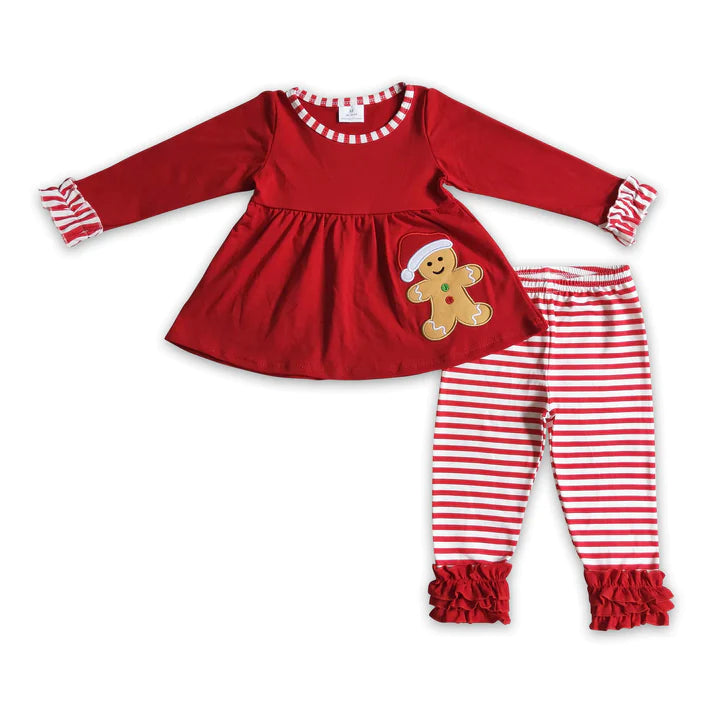 ᴡᴇᴇᴋʟʏ ᴘʀᴇ ᴏʀᴅᴇʀ Christmas Embroidered Gingerbread Red Stripes Ruffle Pant Set