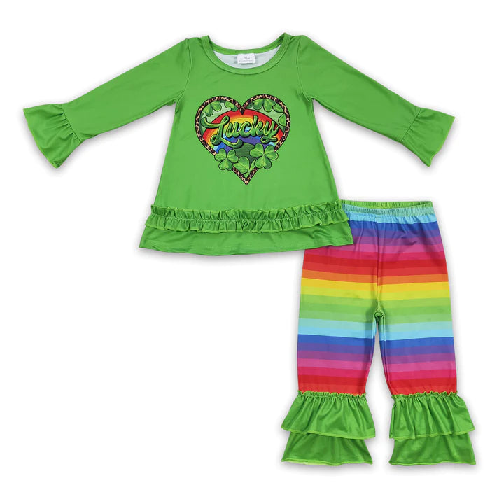 ᴡᴇᴇᴋʟʏ ᴘʀᴇ ᴏʀᴅᴇʀ St. Patrick's Day Rainbow Ruffle Pant Set