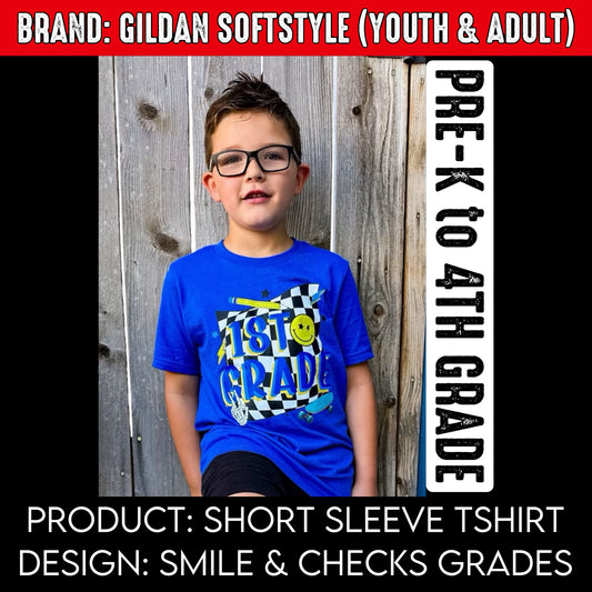 Checks & Smiley Grades | Brand: Gildan Softstyle | Put GRADE & SIZE in note box! Pre-K to 4th | Youth Sizes