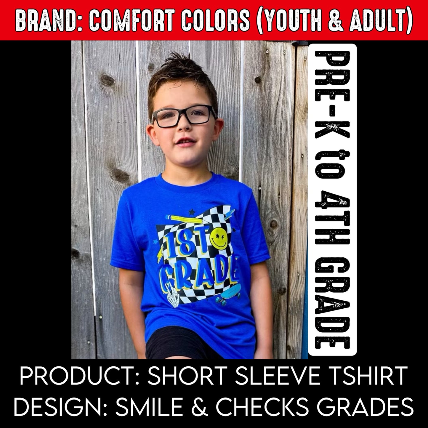 Checks & Smiley Grades | Brand: Comfort Colors | Put GRADE & SIZE in note box! Pre-K to 4th | Youth Sizes
