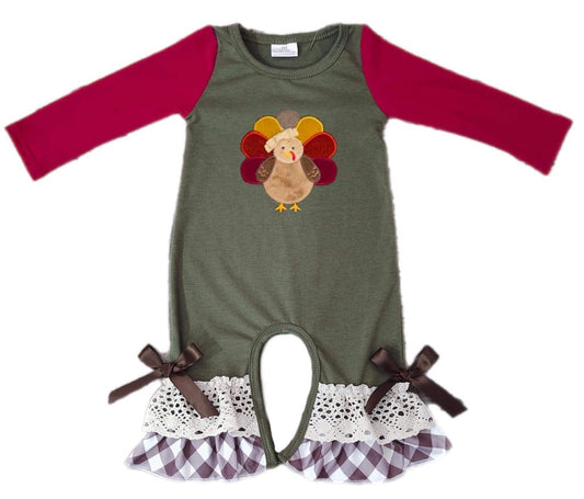 ᴡᴇᴇᴋʟʏ ᴘʀᴇ ᴏʀᴅᴇʀ Thanksgiving Embroidered Turkey Ruffle Romper