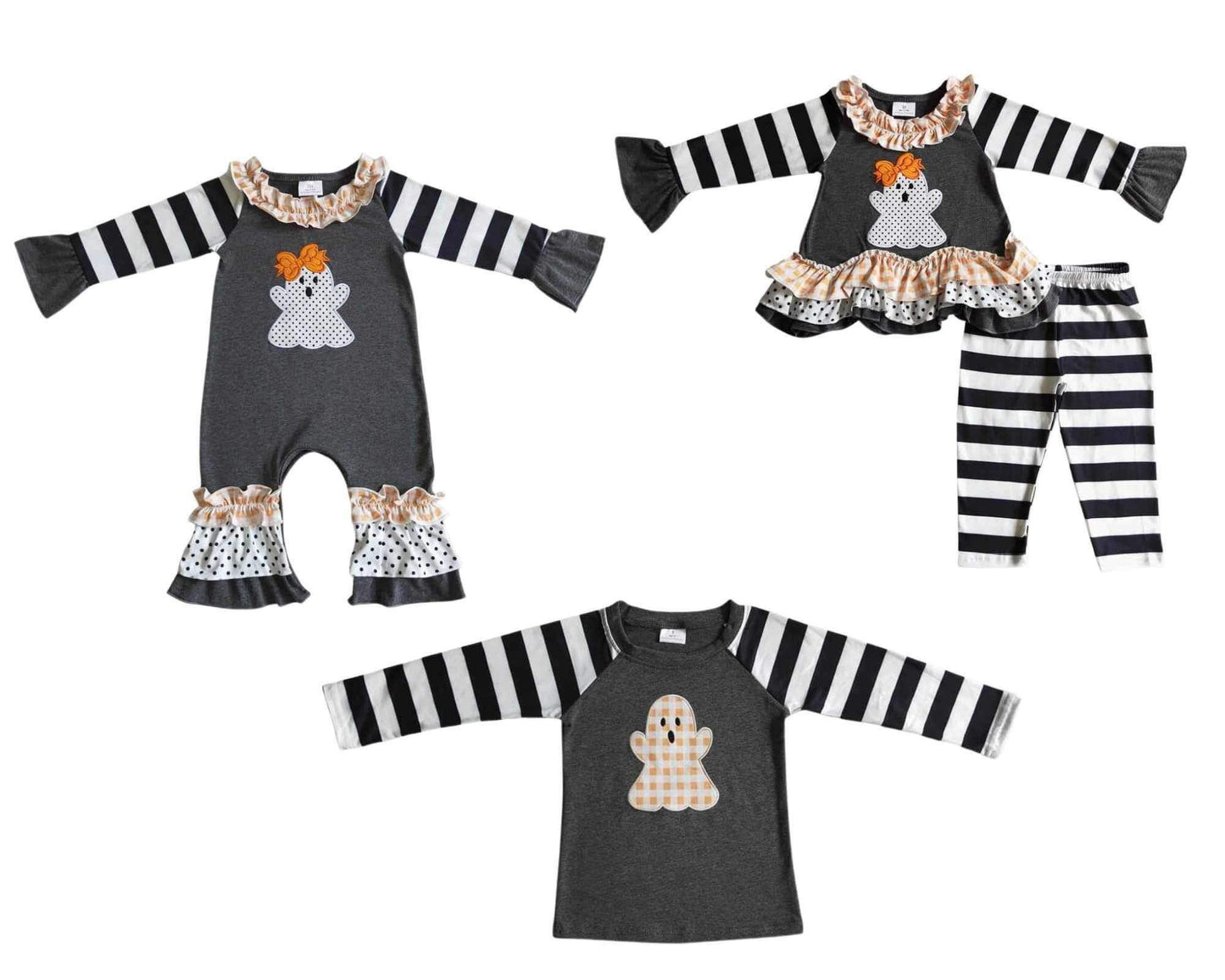 ᴡᴇᴇᴋʟʏ ᴘʀᴇ ᴏʀᴅᴇʀ Halloween Embroidered Ghost Tee, Ruffle Romper, or Ruffle Pants Set