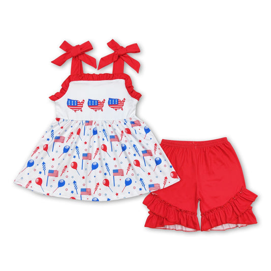 ᴡᴇᴇᴋʟʏ ᴘʀᴇ ᴏʀᴅᴇʀ 4th of July Floral USA Ruffle Shorts Set w/ Tie Straps