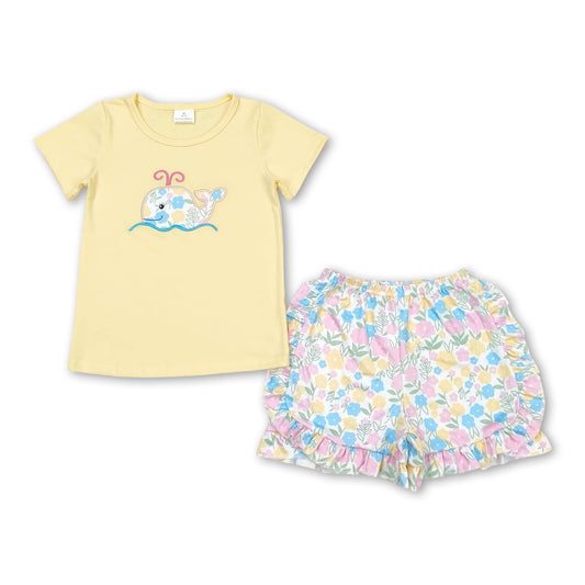 ᴡᴇᴇᴋʟʏ ᴘʀᴇ ᴏʀᴅᴇʀ Embroidered Floral Whale Ruffle Shorts Set