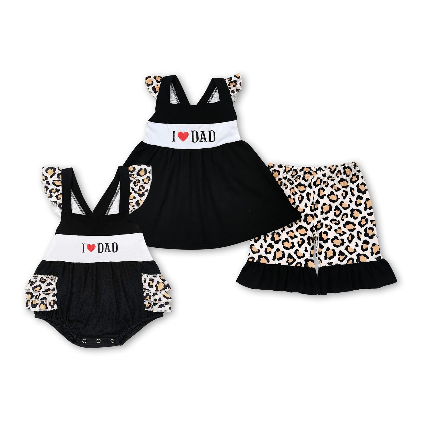 ᴡᴇᴇᴋʟʏ ᴘʀᴇ ᴏʀᴅᴇʀ Embroidered I <3 Dad Animal Print Shorts Set & Ruffle Romper