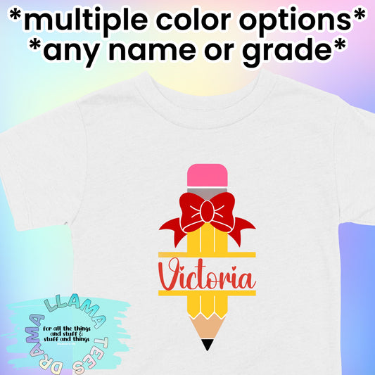 Back to School Split Bow Pencil Name Tees *multiple color options*