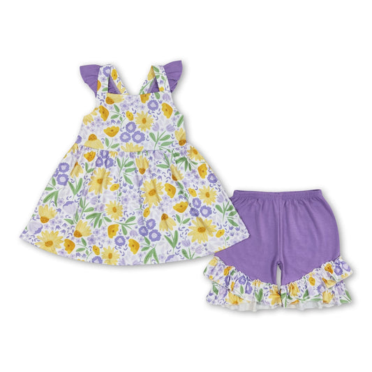 ᴡᴇᴇᴋʟʏ ᴘʀᴇ ᴏʀᴅᴇʀ Purple Floral Ruffle Tank and Shorts Set