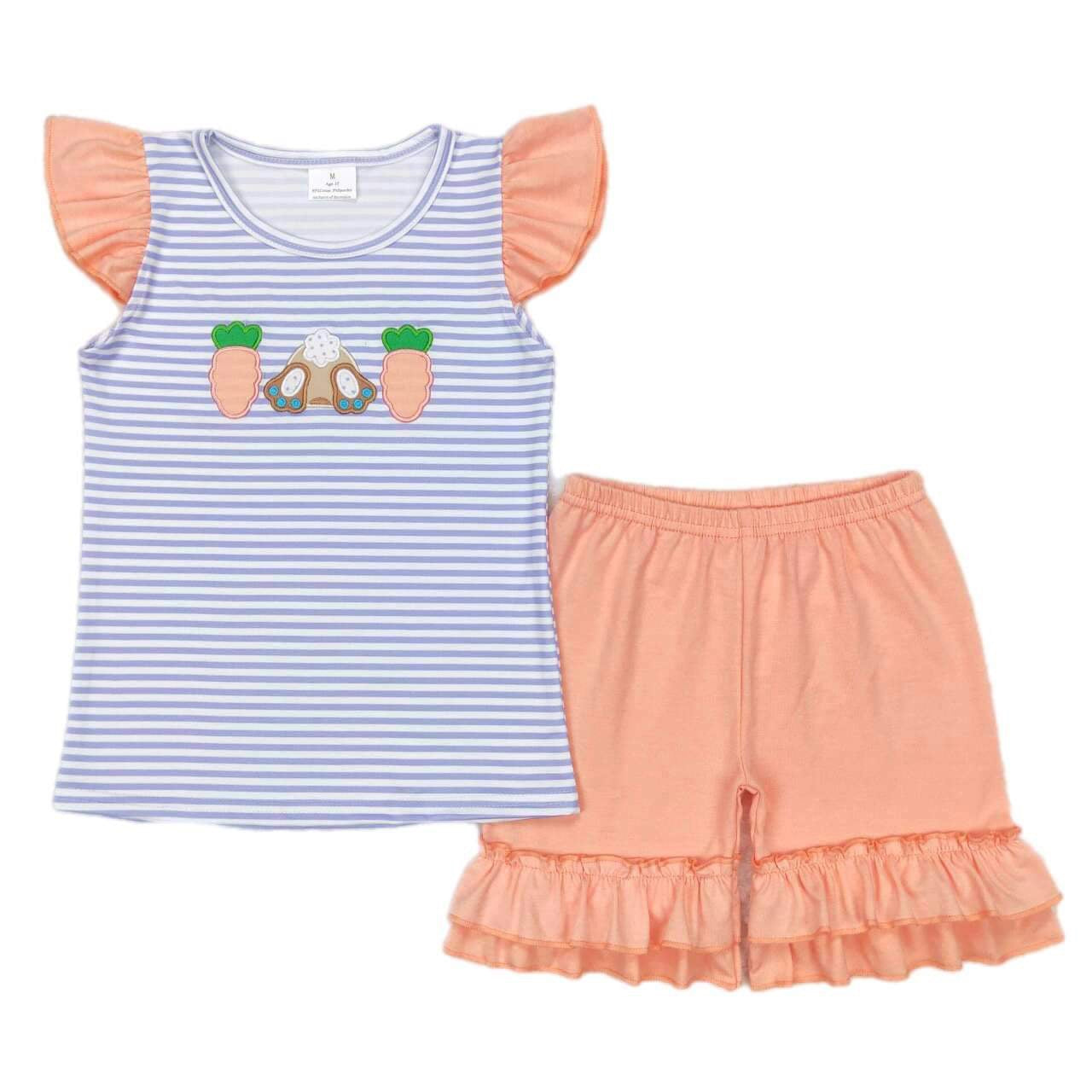 ᴡᴇᴇᴋʟʏ ᴘʀᴇ ᴏʀᴅᴇʀ Easter Embroidered Rabbit Feet and Carrots Ruffle Shorts Set