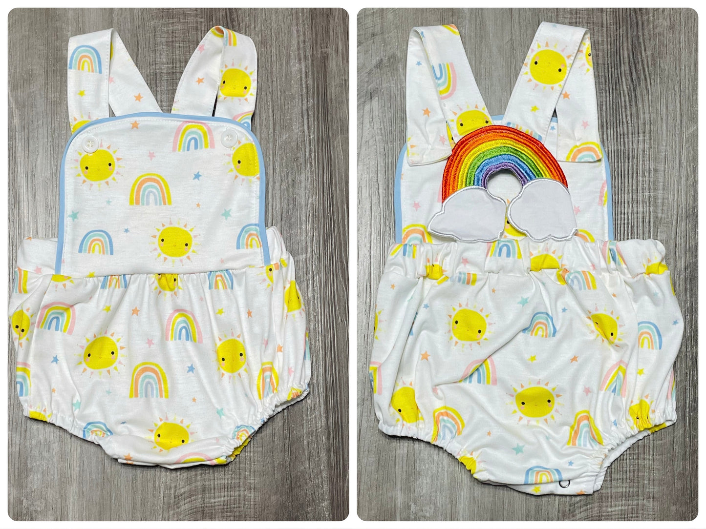 18mo  ʀᴇᴀᴅʏ ᴛᴏ ꜱʜɪᴘ! Embroidered Rainbows and Sunshine Romper with Snaps