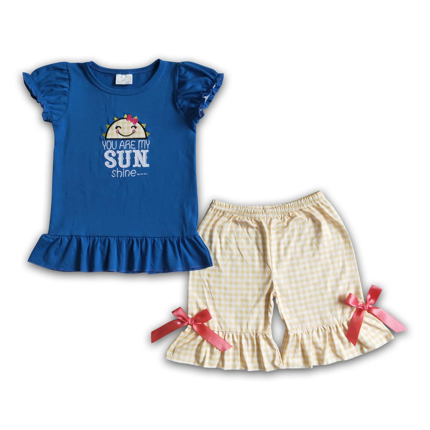 ᴡᴇᴇᴋʟʏ ᴘʀᴇ ᴏʀᴅᴇʀ Embroidered You are My Sunshine Ruffle Shorts Set