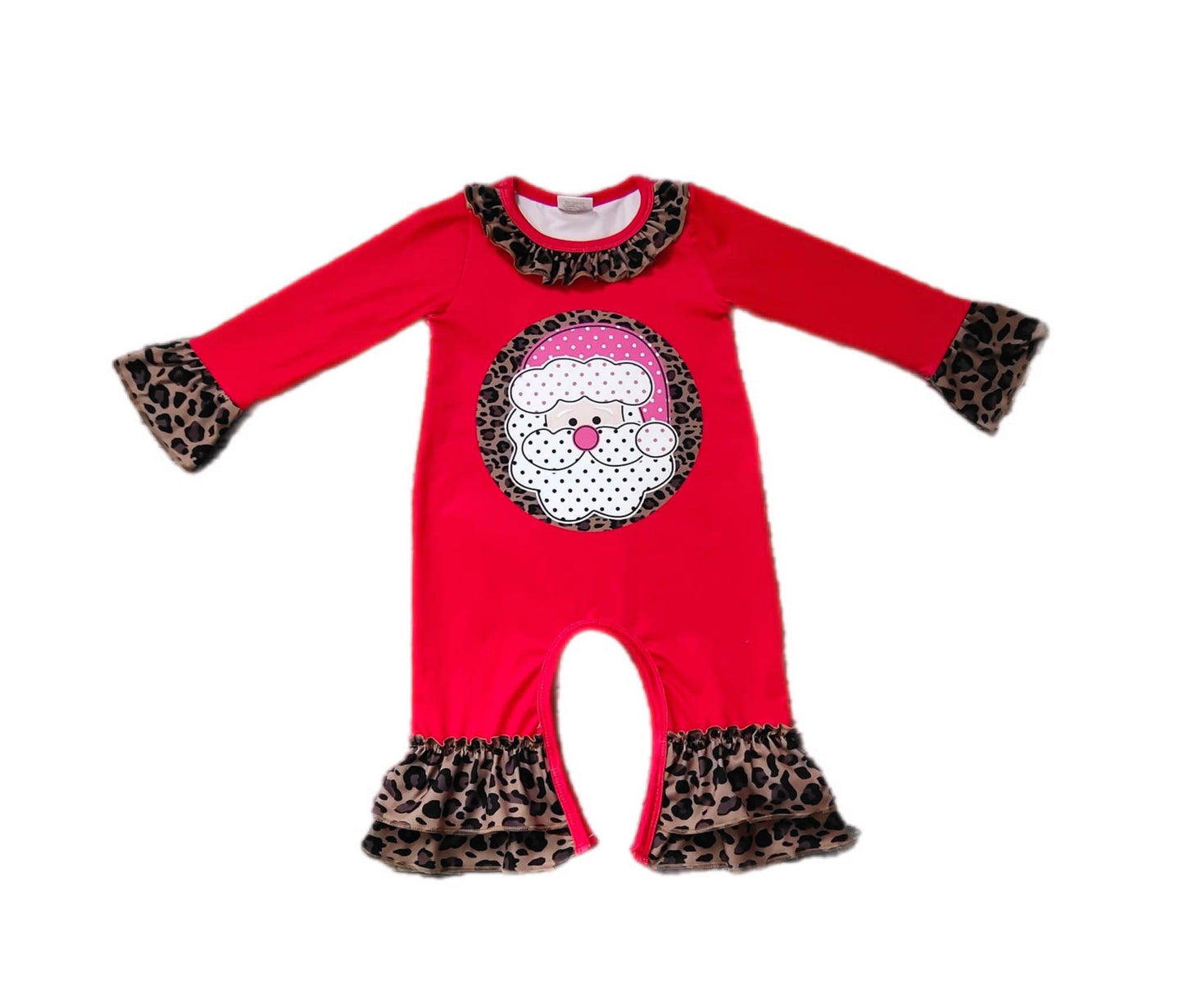 ᴡᴇᴇᴋʟʏ ᴘʀᴇ ᴏʀᴅᴇʀ Christmas Embroidered Santa Ruffle Leopard Romper